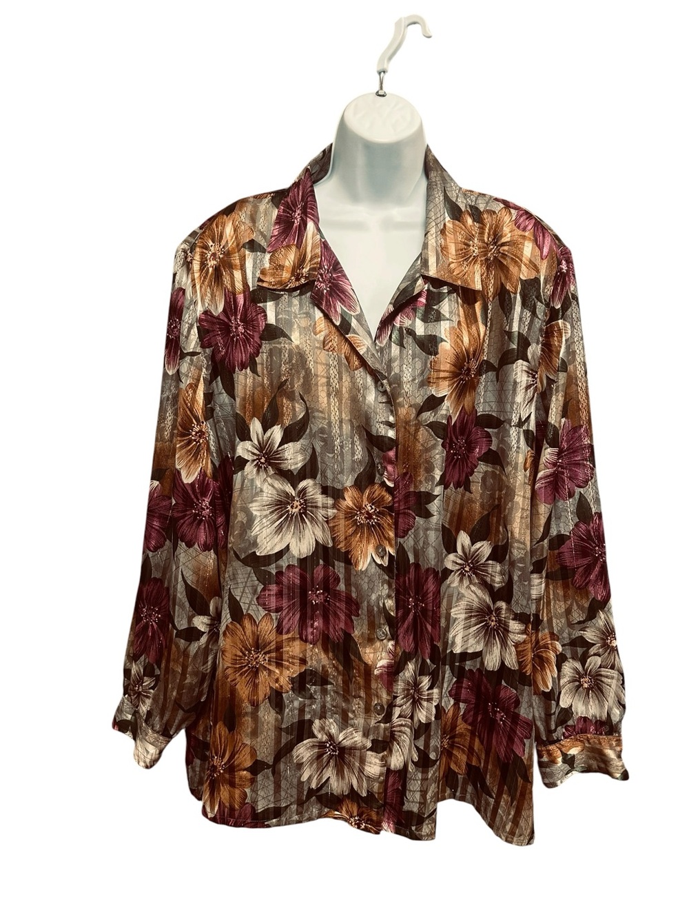 Vintage Alia Floral Satin Button Down Blouse 24W Shimmer